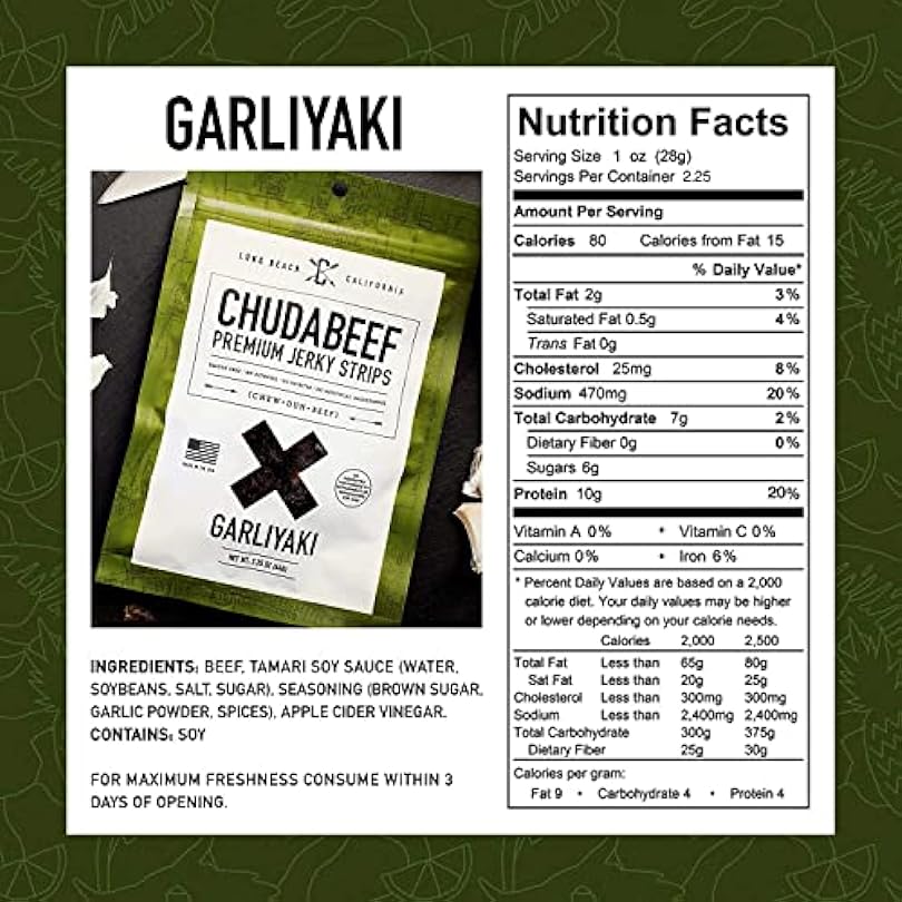 Chudabeef Premium Beef Jerky Garliyaki 1 2.25 oz. Bag - Great Everyday Snack 10g Protein 80 Calories Rib Meat No MSG Gluten Free Nitrites Nitrates Artificial Anything 973553950