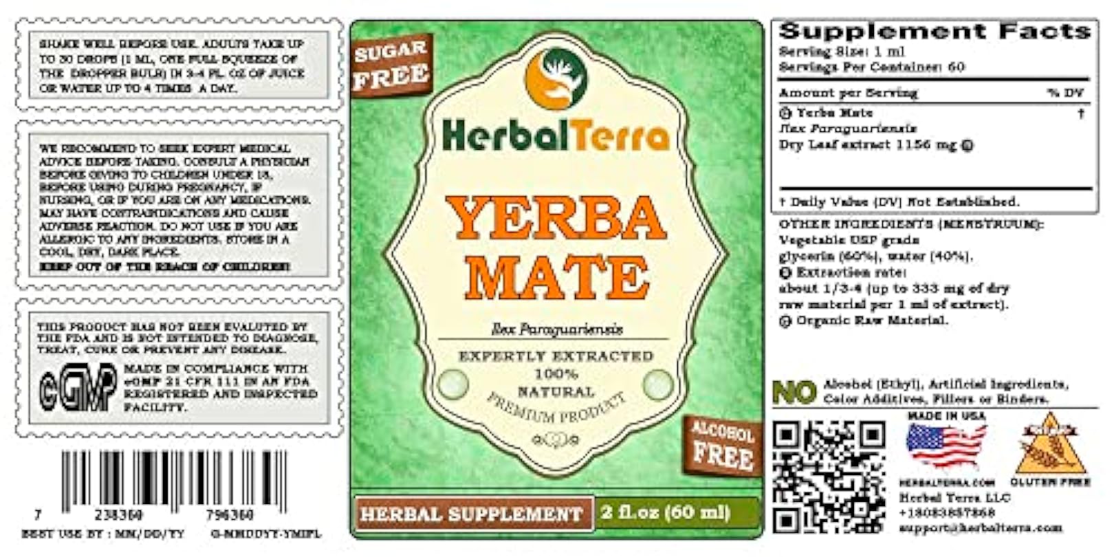 Yerba Mate (Ilex Paraguariensis) Glycerite, Organic Dried Leaves Alcohol-FREE Liquid Extract 2 oz 983079618